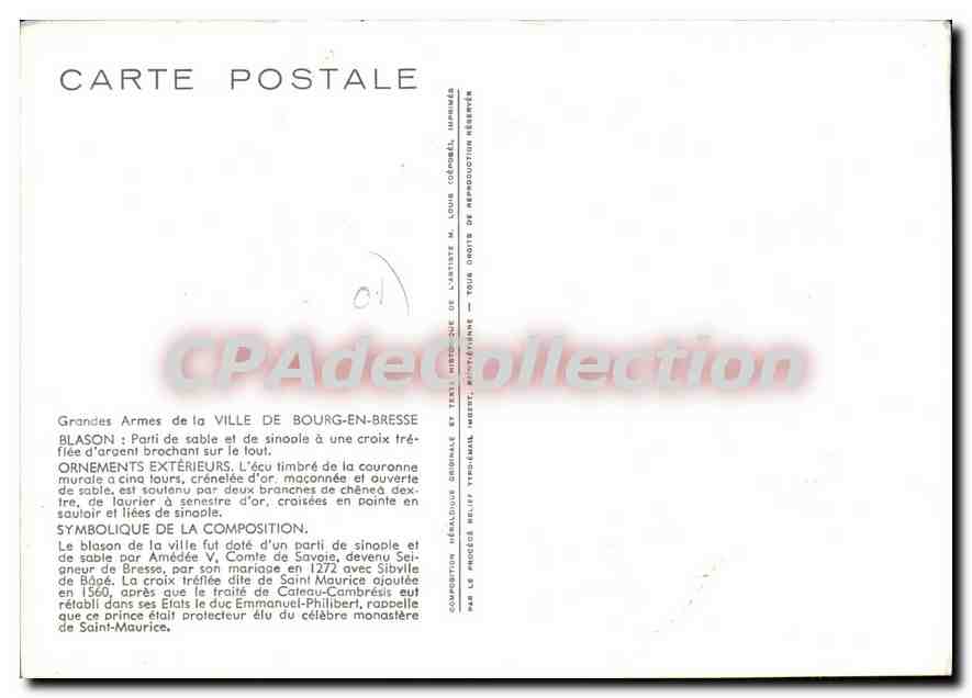Bourg-en-Bresse — blason et armoiries — éditeur Mireille Louis, Paris — Verso