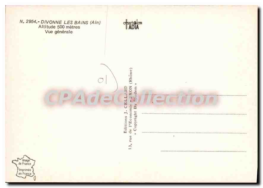 Divonne-les-Bains (Ain) — Vue générale — Altitude 500 mètres — Éditions I. Cellard — Verso