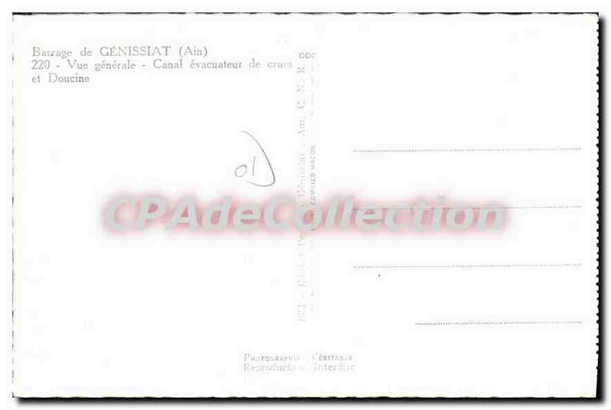 Barrage de Génissiat (Ain) — Vue générale - Canal évacuateur de crues et Doucine — Photographie C. N. R. - Art. C. N. R. - Conseil Maton — Verso