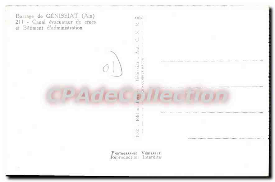 CPA Barrage de Genissiat Ain Camal evacuateur de crues et Batiment d'Administration  — Rückseite