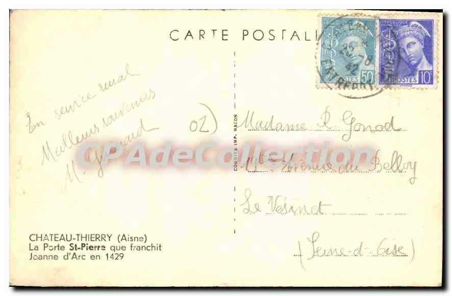 Château-Thierry — La Porte Saint-Pierre que franchit Jeanne d'Arc en 1429 — éditeur : IMP. MALCON — Verso