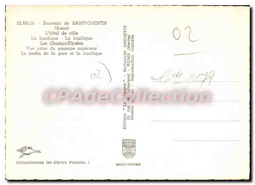 Saint-Quentin — vue panoramique — Éditions Hachette, modèle 'La Cigogne' — Verso