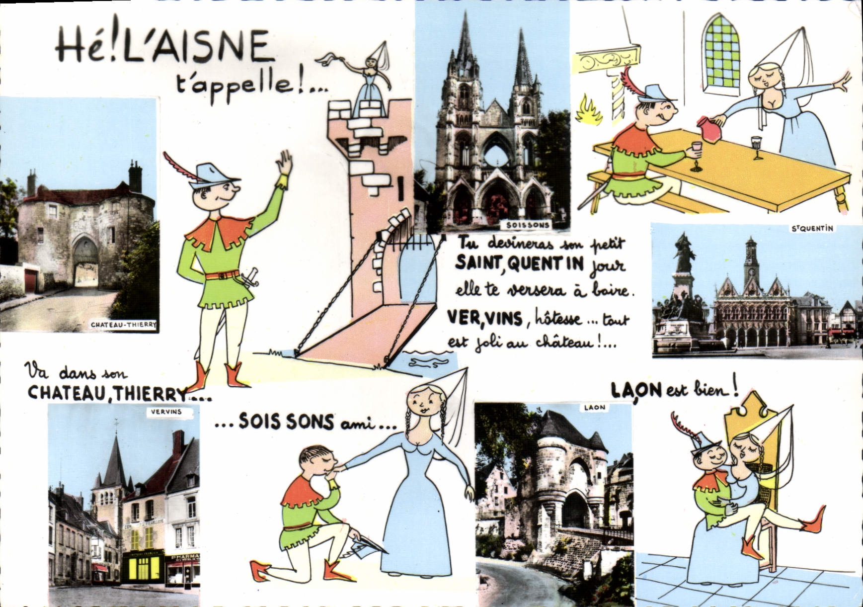 L'AISNE — Carte humoristique avec illustrations de sites : Château-Thierry, Soissons, Laon, Vervins, Saint-Quentin — Imprimeur Combier Imprimeur Maccon (F1.S.&L.)