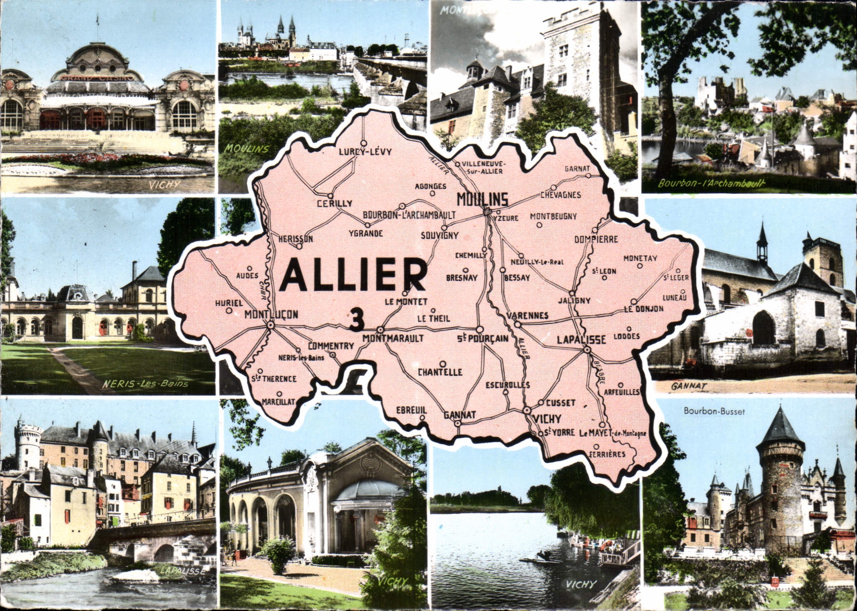 Allier — carte postale panoramique avec carte départementale — Cie des Arts Pliaomécaniques, Paris