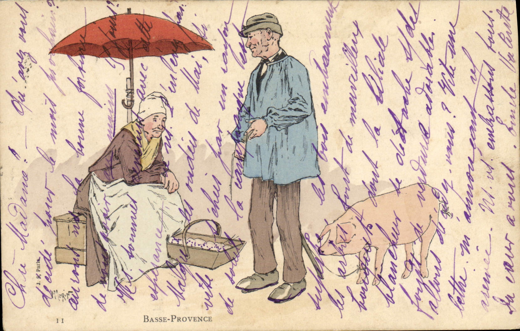 Marché à Basse-Provence — femme sous parapluie et homme avec cochon — J. G. Puitk, n°11