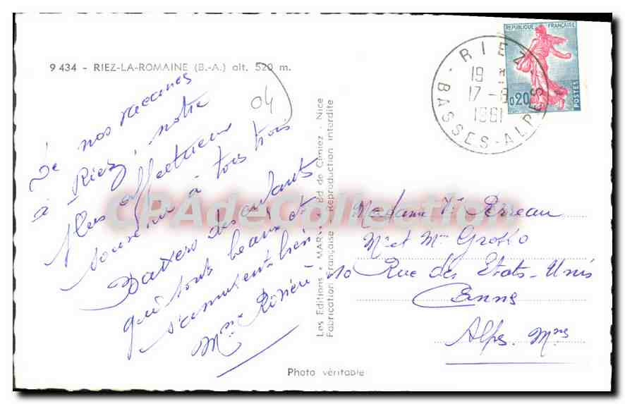 Riez — Souvenir de Riez — Éditions de Cimiez — Rückseite