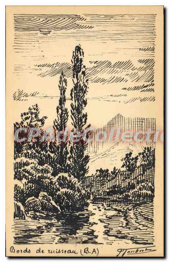 Bords de ruisseau (B.A.) — gravure signée H. Hubert