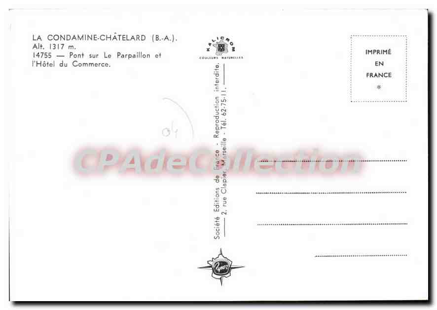 La Condamine-Châtelard (B.A.) — Pont sur Le Parpaillon et l'Hôtel du Commerce — Éditions de France — Verso