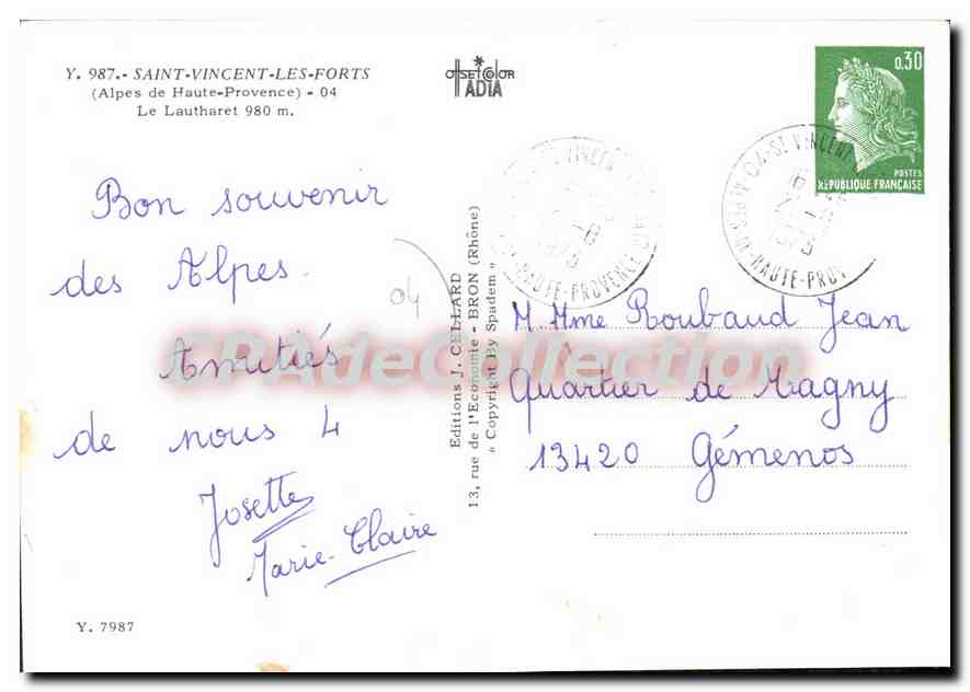 Saint-Vincent-les-Forts — Le Lautharet 980 m — Éditions J. Cellard — Verso
