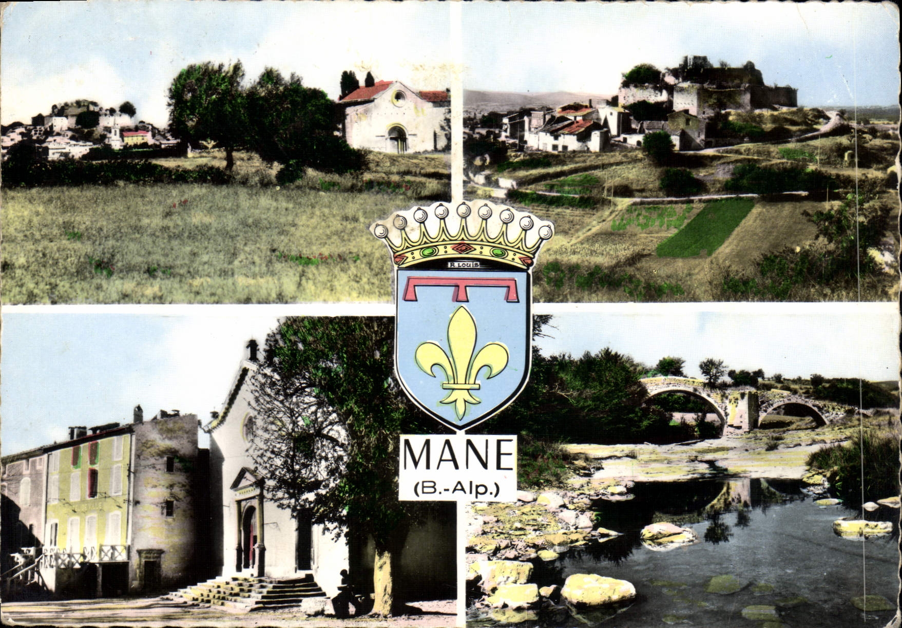 Mane (B.-Alp.) — vue panoramique avec église, château, pont et blason — éditeur R. LECOIN