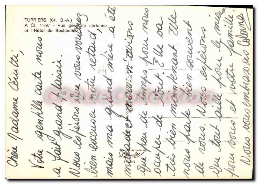 Turriers (04) — Vue aérienne du village et de l'Hôtel de Rochecline — éditeur Cinq — Rückseite