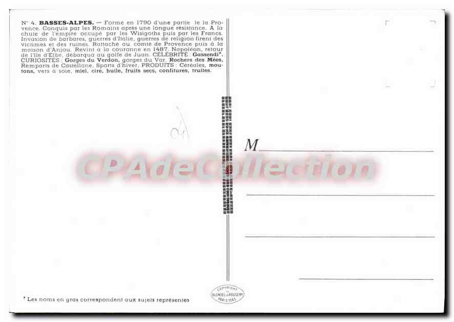 Basses-Alpes — N°4 — Éditeur Blondel-Lamourette, Paris 1943 — Verso