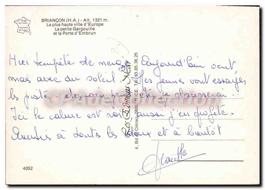 Briançon (H.A.) — La plus haute ville d'Europe, La petite Gargouille et la Porte d'Embrun — Imprimeur Les Éditions NICE — Verso