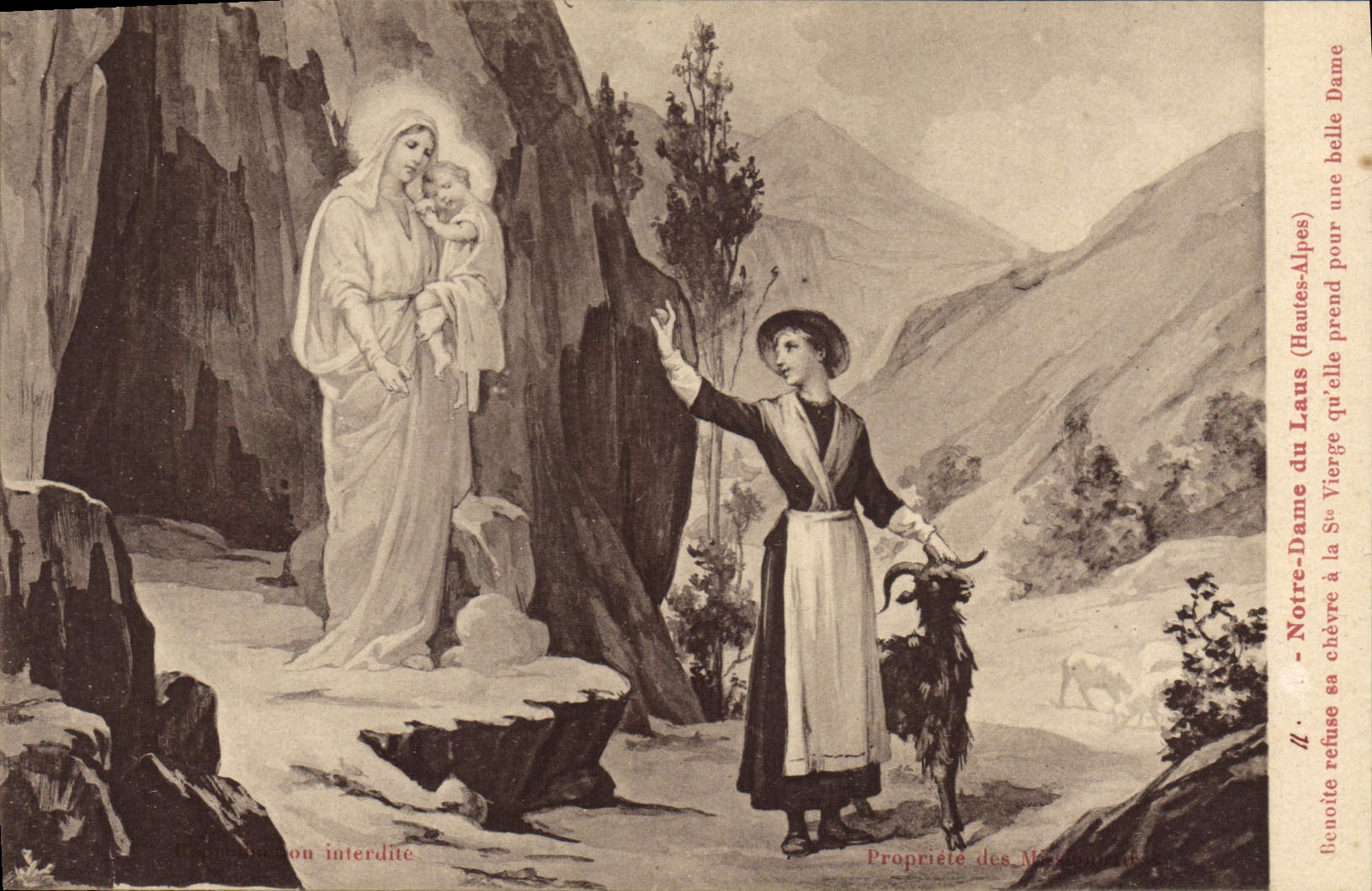 Antike Ansichtskarte Notre Dame du Laus Hautes Alpes Benoite weigert sich, ihre Ziege der Heiligen Jungfrau zu geben, die eine schöne Dame nimmt