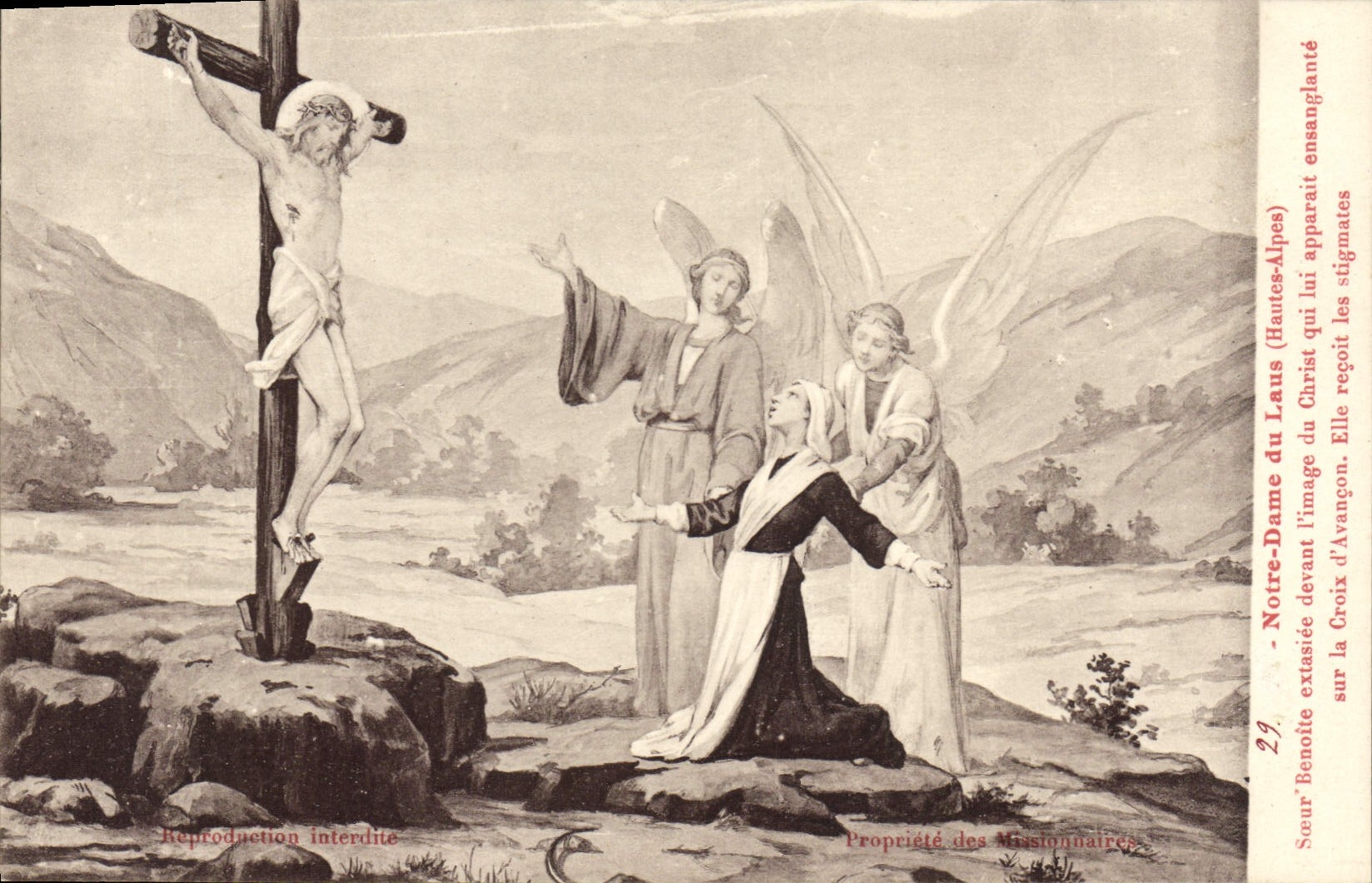 Antike Ansichtskarte Notre Dame du Laus, Hautes-Alpes, Schwester Benoite in Ekstase vor dem Bild des Christus, der ihr erscheint