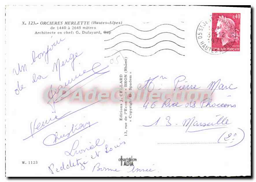 CPA Orcieres Merlette Hautes Alpes Architecte en chef G Dufayard  — Rückseite