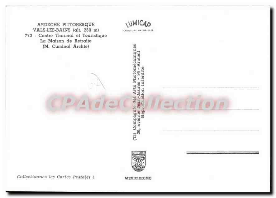 Vals-les-Bains — Centre Thermal et Touristique La Maison de Retraite (M. Cumninal Archte) — Lumicap — Rückseite