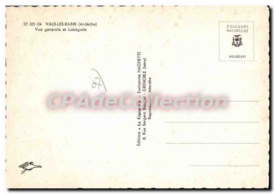 Vals-les-Bains — Vue générale et Labégude — Éditions La Cigogne — Rückseite