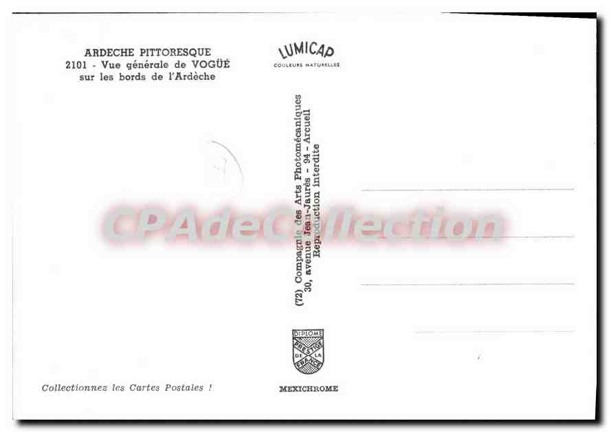 CPA Ardeche Pittoresque Vue generale de Vogue sur les Bords de l'Ardeche  — Verso