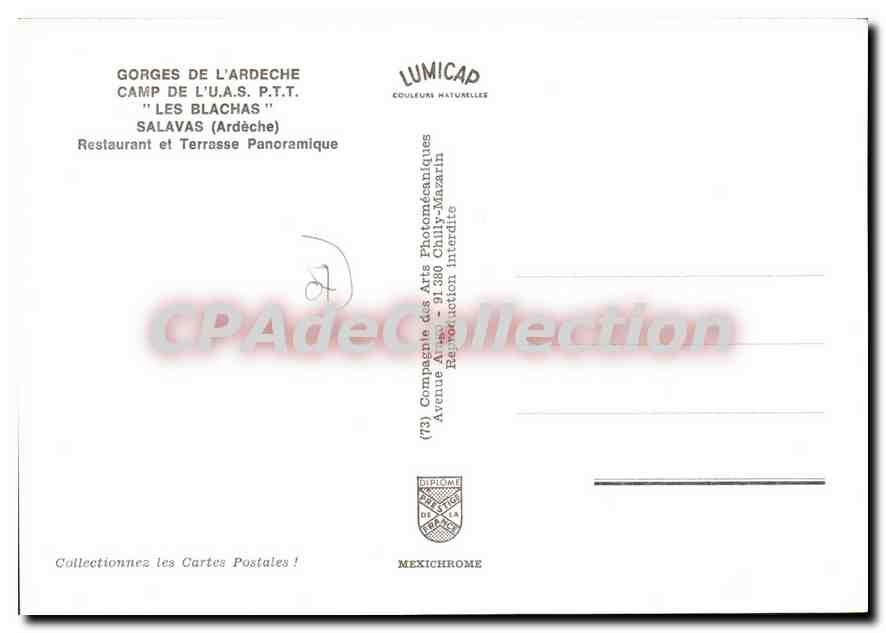 CPA Gorges de l'Ardeche Camp de L'uas PTT les Blachas Salavas Ardeche  — Verso