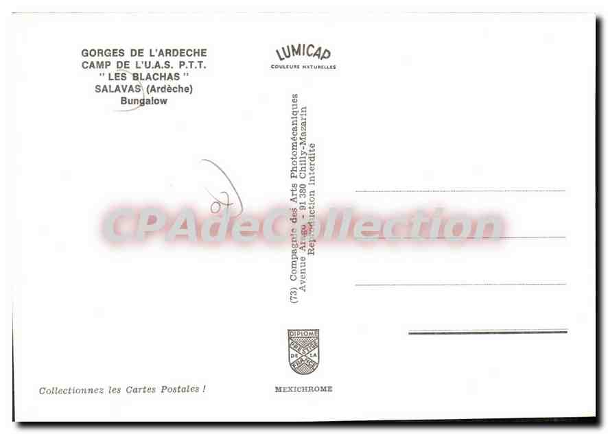 Gorges de l'Ardèche — Camp de l'U.A.S. P.T.T. 'Les Blachas' — Salavas (Ardèche) — éditeur Lumicap — Verso