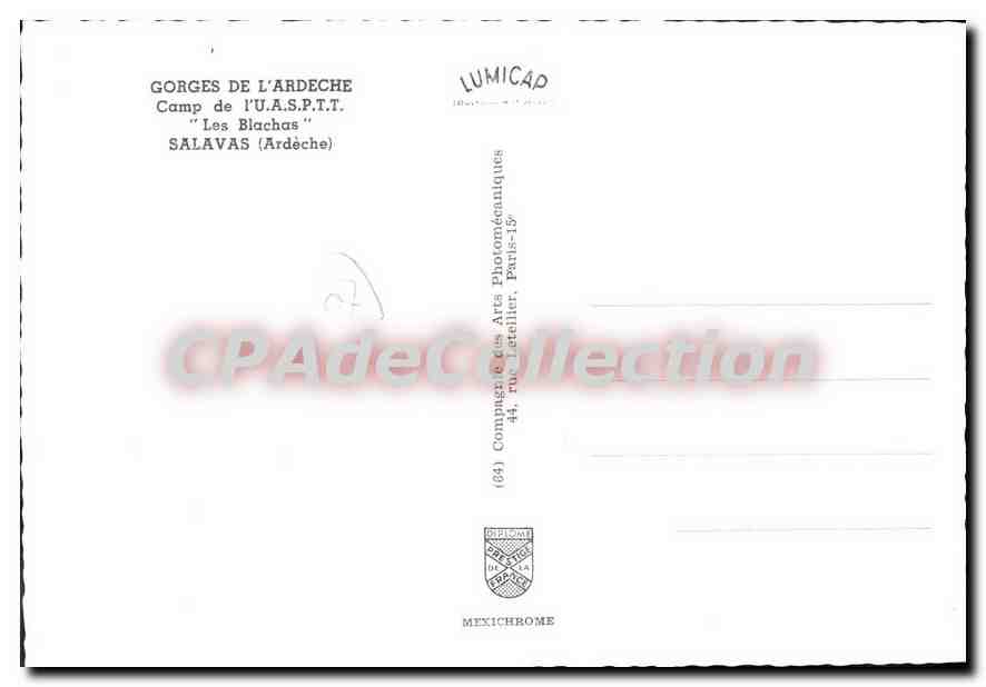 Gorges de l'Ardèche — Camp de l'U.A.S.P.T.T. 'Les Blachas' — Salavas (Ardèche) — éditeur IRIS — Verso