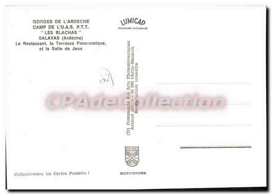CPA Gorges de l'Ardeche Camp de L'uas PTT Les Blachas Salavas Ardeche  — Verso