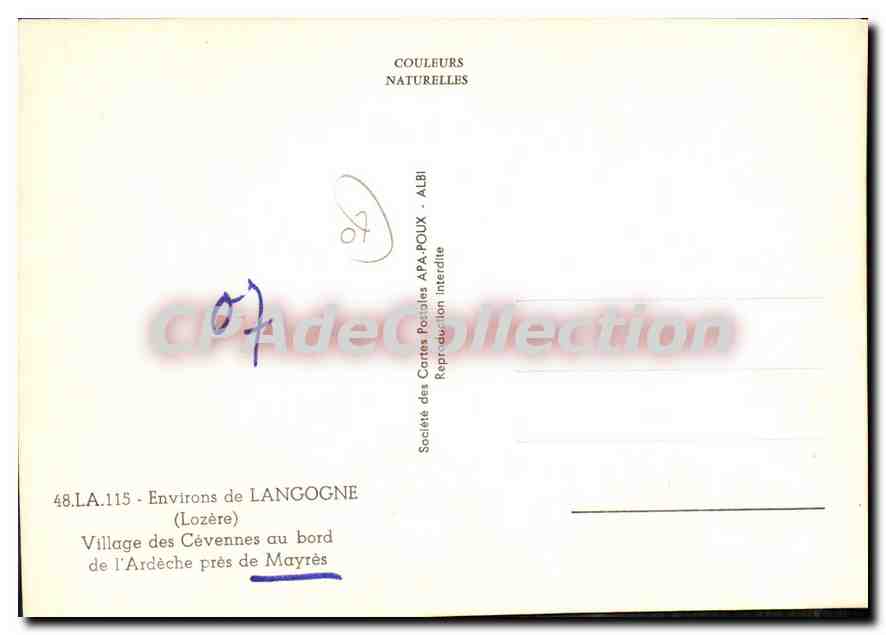 Dorf der Cévennes in der Nähe von Mayrès — (Lozère) — Gesellschaft der Postkartenverleger APA-POUX - ALBI — Rückseite