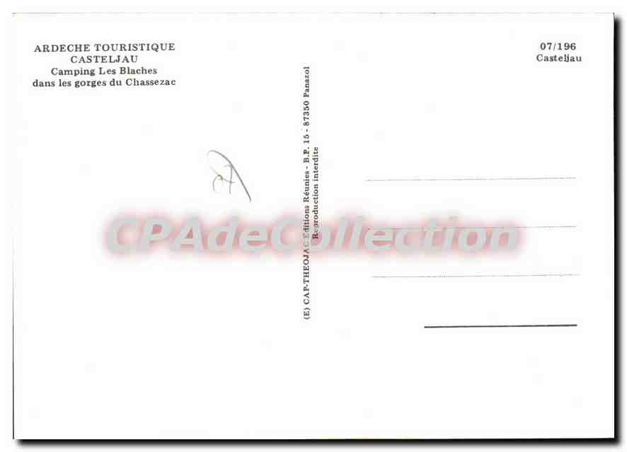 Camping Les Blaches — Ardeche — éditeur ARDECHE TOURISTIQUE CASTELJAU, n° 07/196 — Reverso