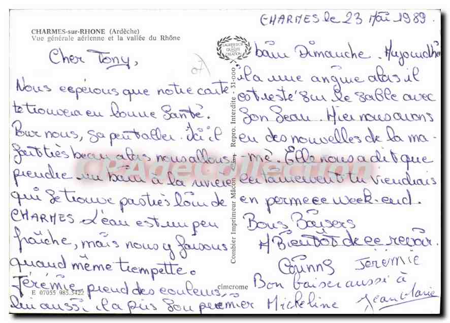CPA Charmes sur Rhone Ardeche Vue generale aerienne et la vallee du Rhone  — Verso