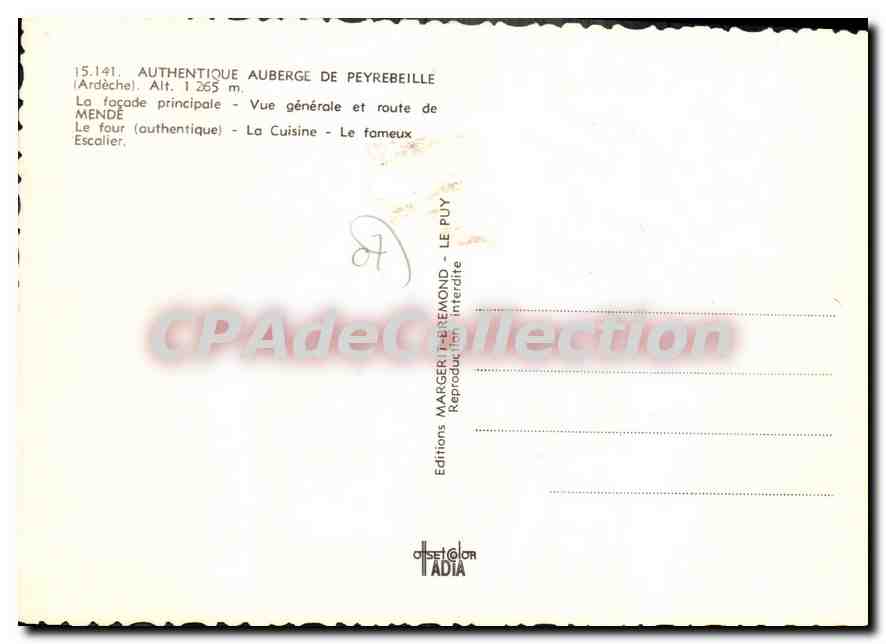 CPA L'Auberge de Peyrebeilhe Ardeche La facade principale  — Verso