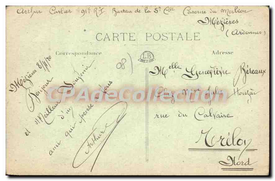 CPA Mezieres Entree des Casernes du 91 Regiment d'Infanterie  — Rückseite