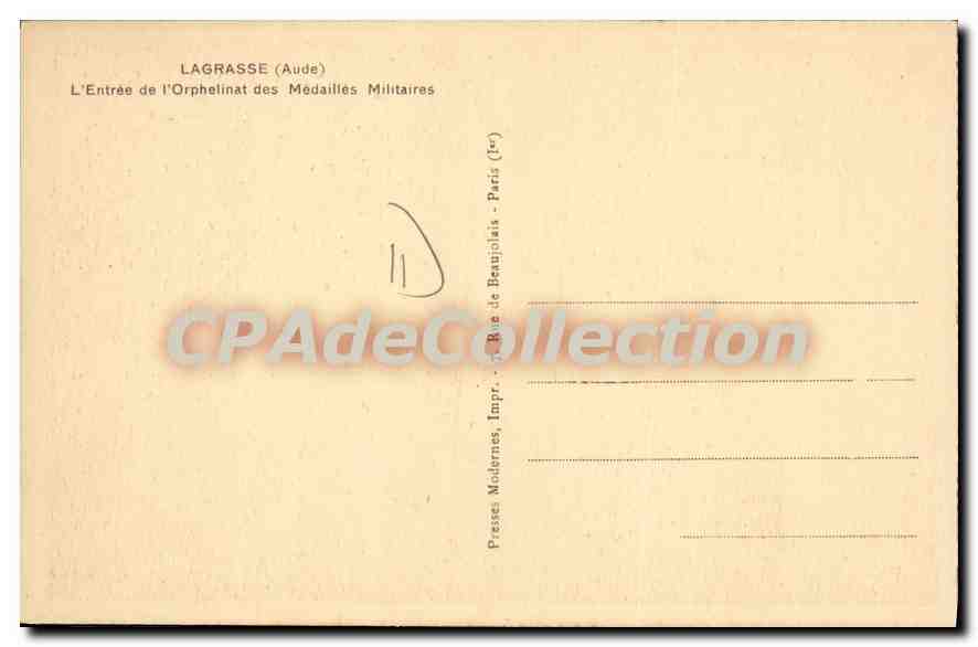 Lagrasse (Aude) — L'Entrée de l'Orphelinat des Médailles Militaires — Presses Modernes, Paris — Verso