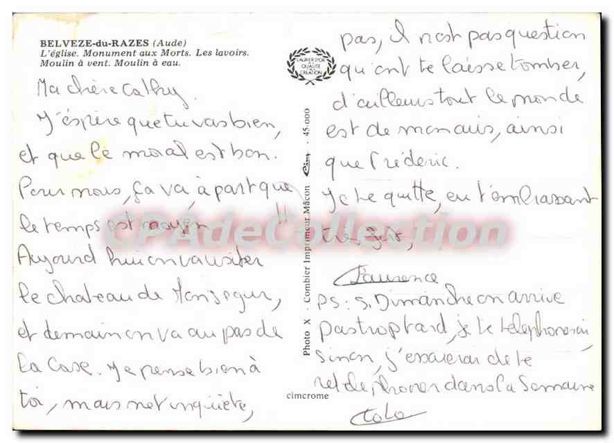 CPA Belveze du Razes Aude L'Eglise Monument aux Morts  — Rückseite