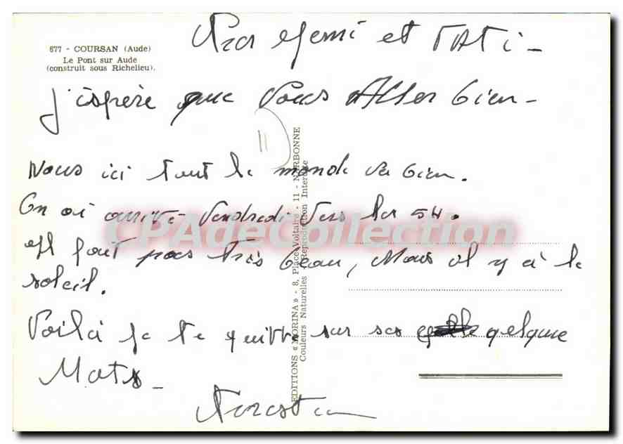 CPA Coursan Aude Le Pont sur Aude  — Rückseite
