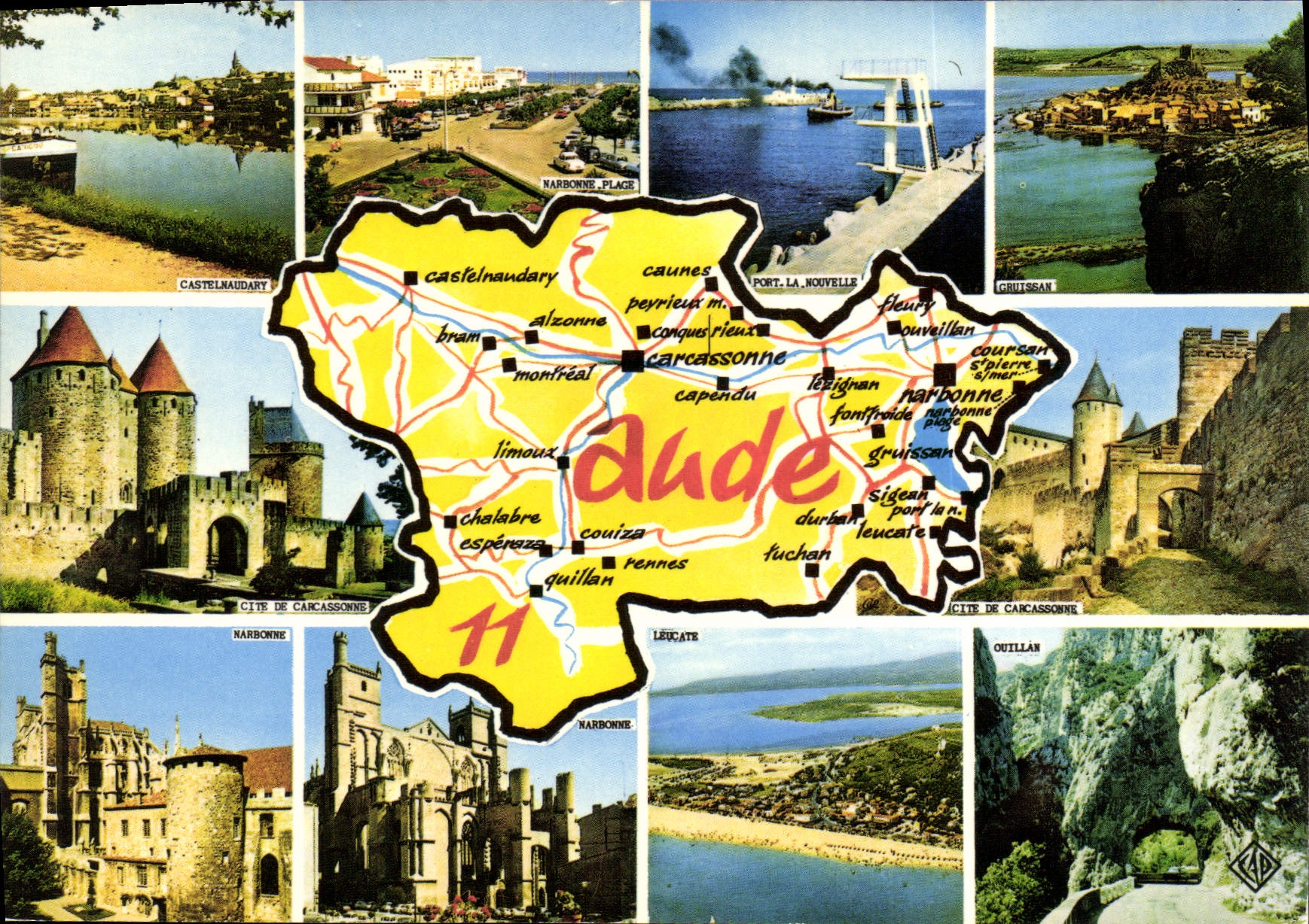 Aude — Carte postale touristique avec carte du département — Elnacap - Recto