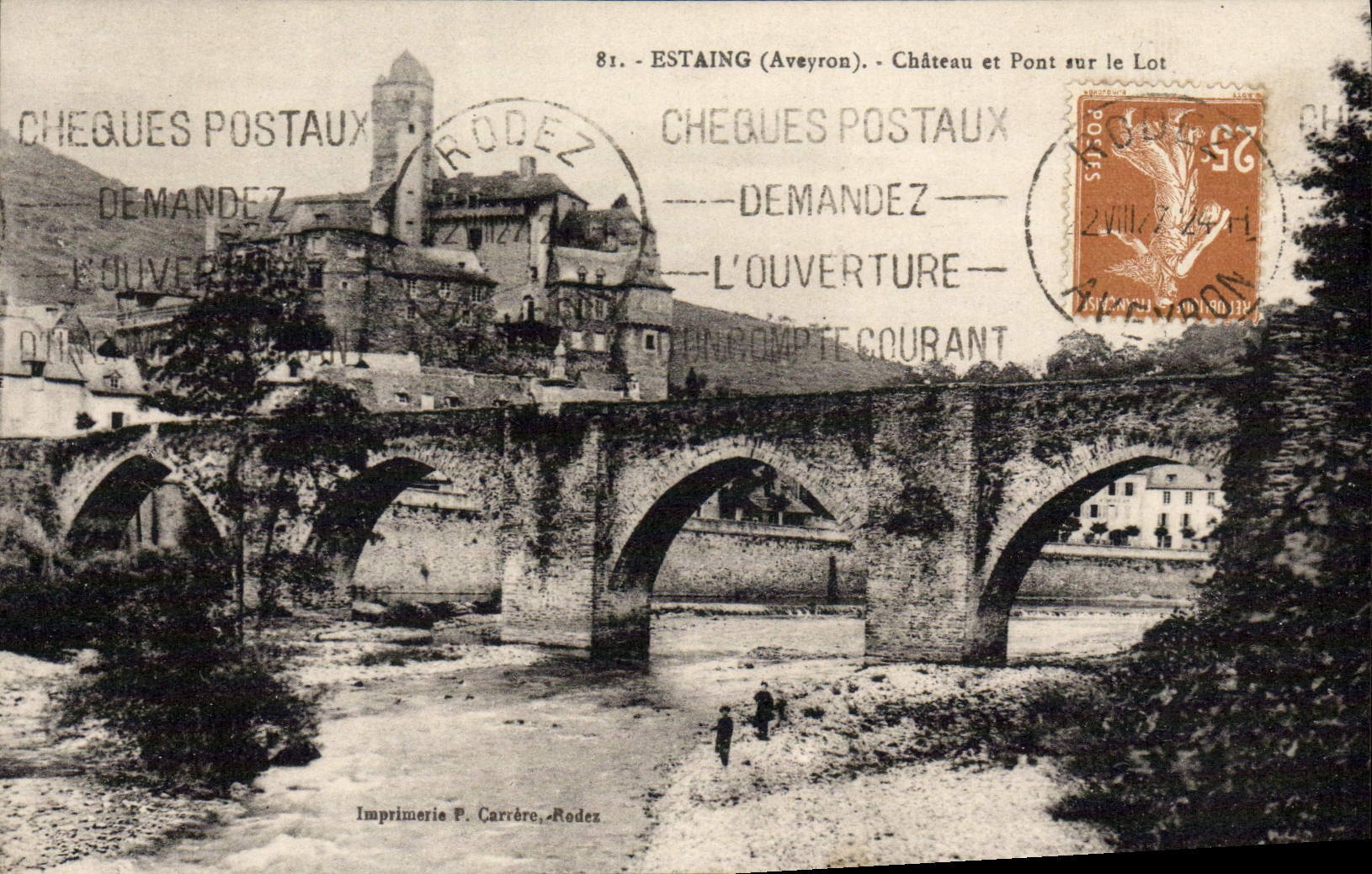 Estaining (Aveyron) — Château et Pont sur le Lot — Imprimerie F. Carrère, Rodez