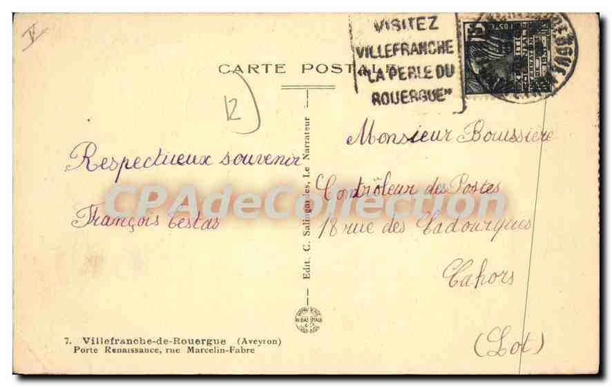 Porte Renaissance — Villefranche-de-Rouergue — Éditeur C. Saligues — Verso