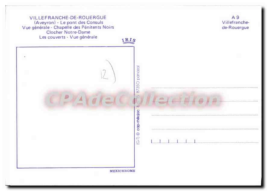 Villefranche-de-Rouergue — vue générale, pont des Consuls, chapelle des Pénitents Noirs, clocher — éditeur IRIS, série A 9 — Verso