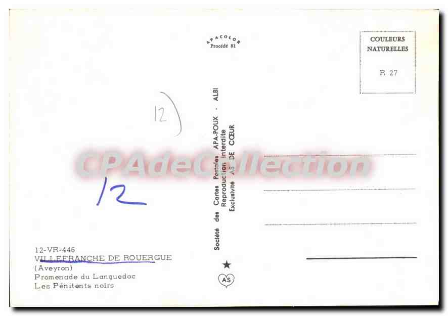 Villefranche-de-Rouergue — Promenade du Languedoc — Les Pénitents noirs — AS — Verso