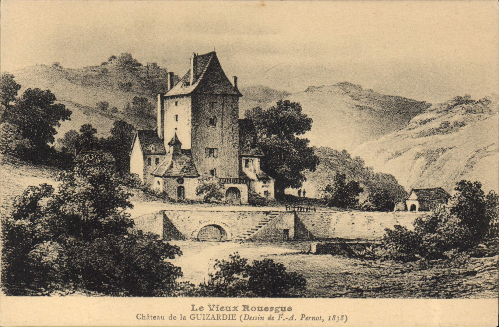 Château de la GUIZARDIE — Vieux Rouergue — Dessin de F.-A. Pernol, 1838