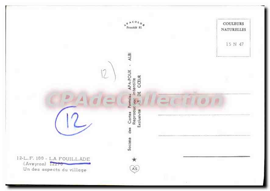 La Fouillade — Un des aspects du village — Société des Cartes Postales APA-POUX, ALBI — Achterkant