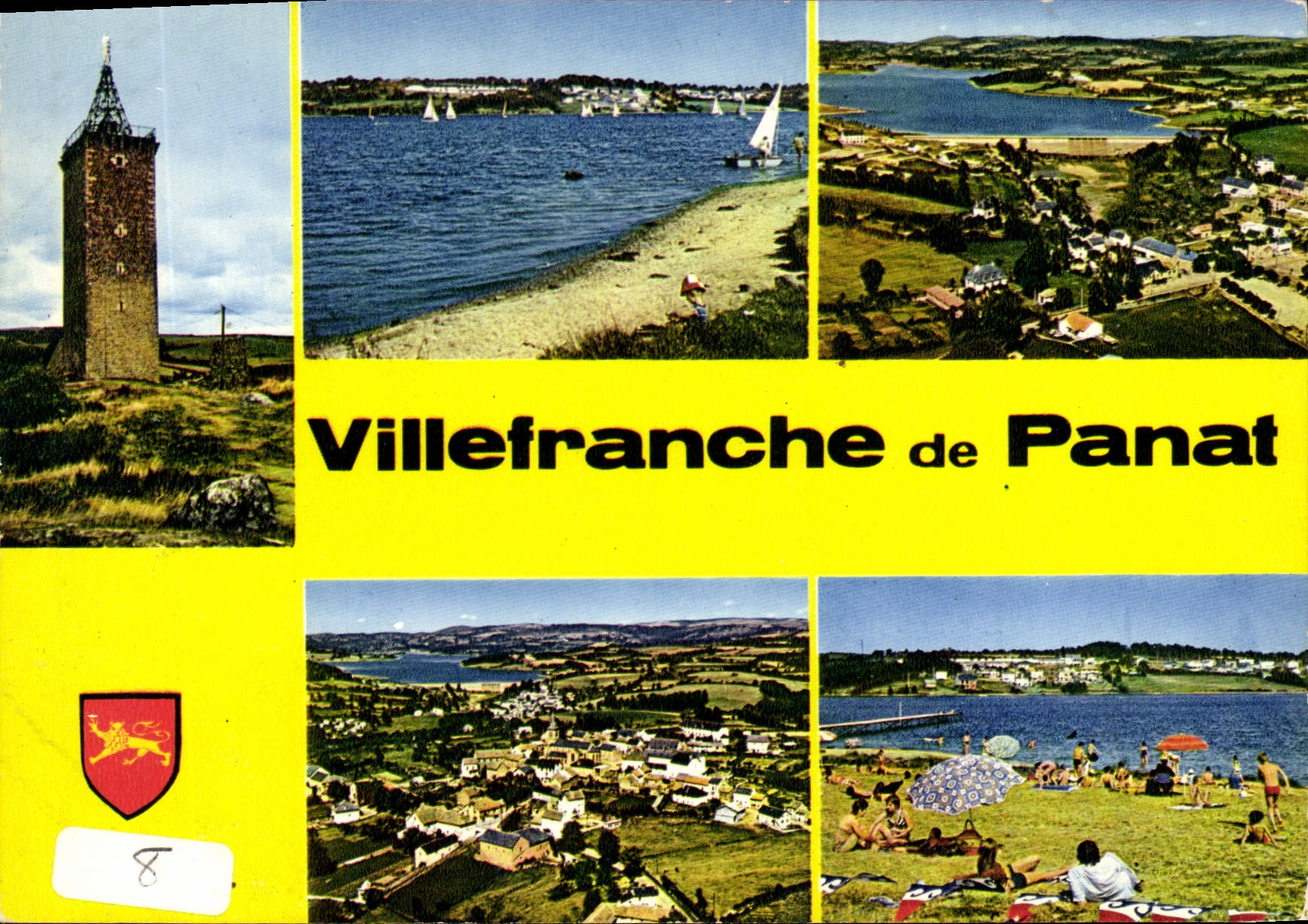 Villefranche-de-Panat — vue panoramique avec tour, lac et plage — Éditeur Méderres, Limoges, n°8
