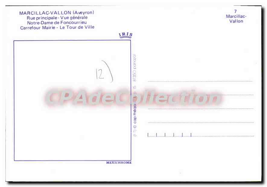 CPA Marcillac Vallon Aveyron Rue principale Vue generale Notre Dame de Foncourrieu Carrefour Mairie — Rückseite