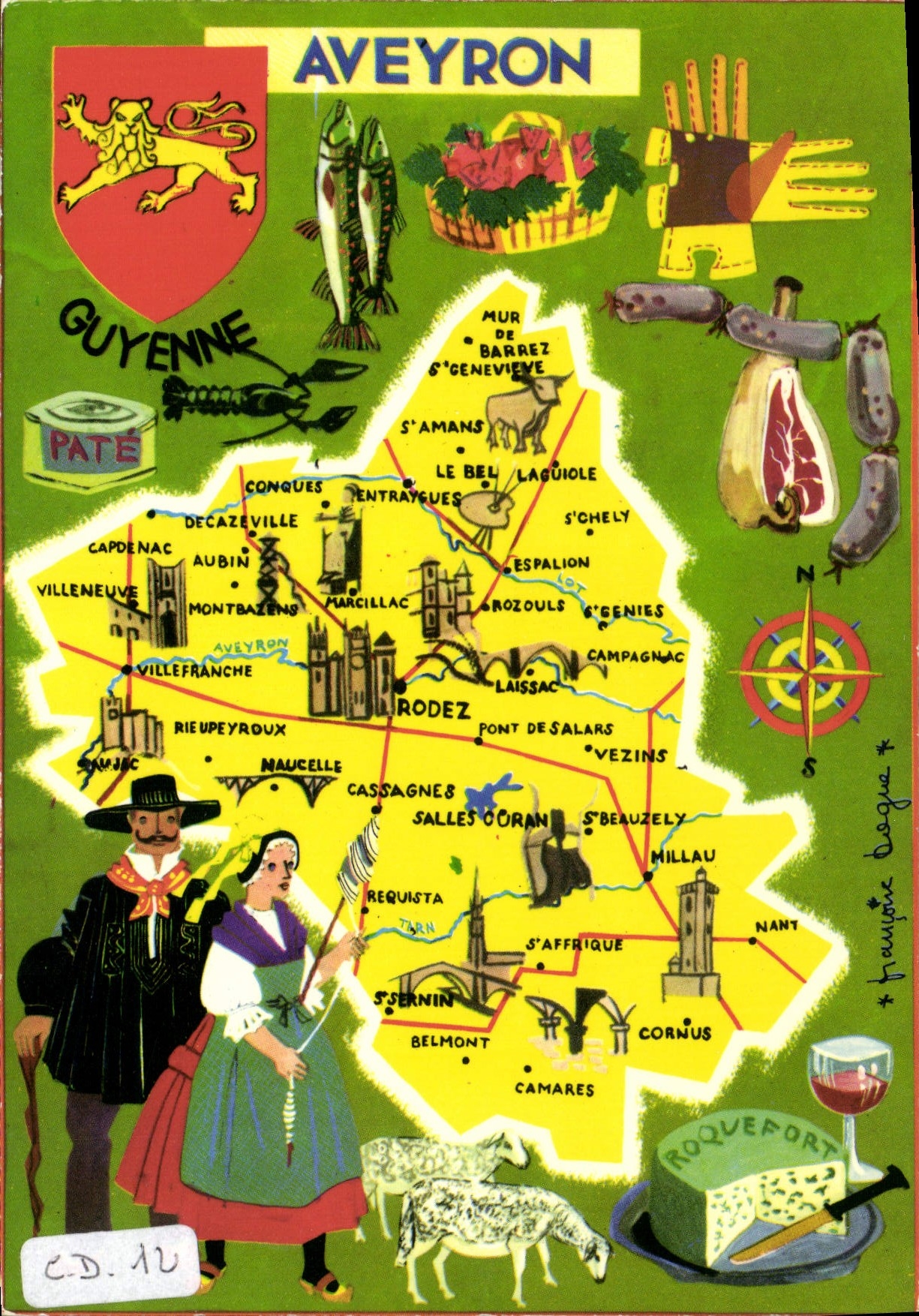Aveyron — carte touristique illustrée — Françoise Dagüe - Recto