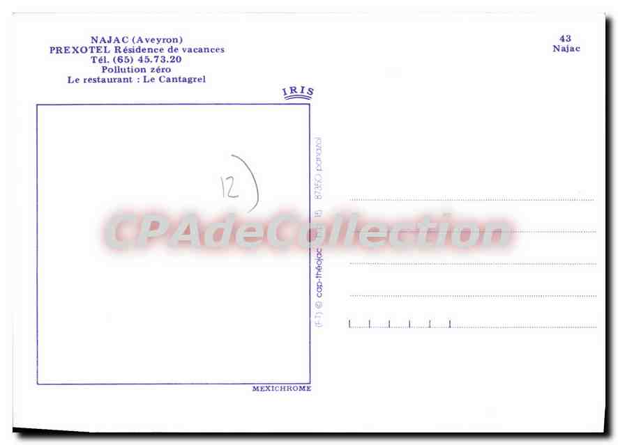 CPA Najac Aveyron Prexotel residence de vacances Pollution zero Le Restaurant Le Cantagrel  — Back