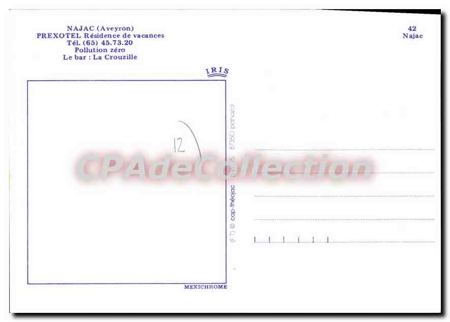 CPA Najac Aveyron Prexotel residence de vacances Pollution zero Le Bar La Crouzille  — Back