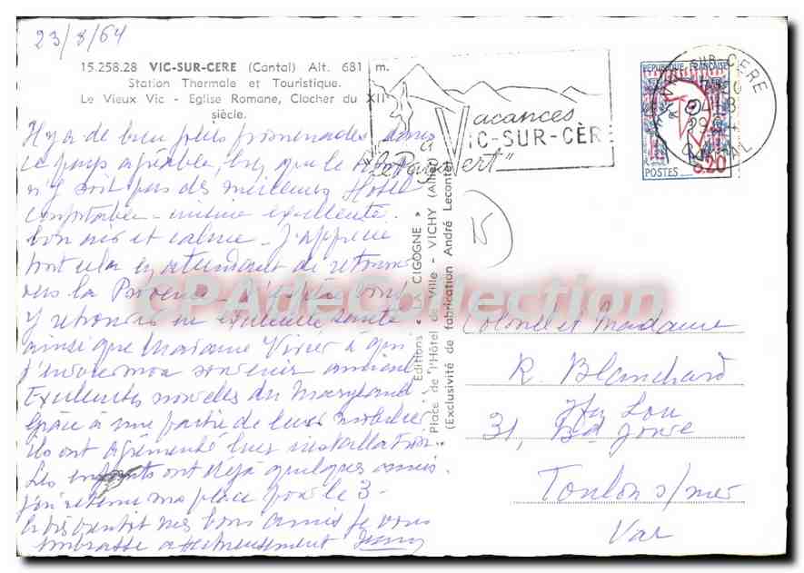 Vic-sur-Cère — Vue aérienne du village et de l'église romane — Éditions de la Ville de Vic-sur-Cère — Verso