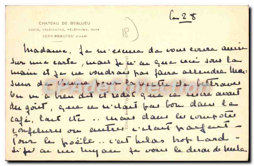 CPA château de BEAUJEU SENS-BEAUJEU Poste télégraphe téléphone Gare — Rückseite