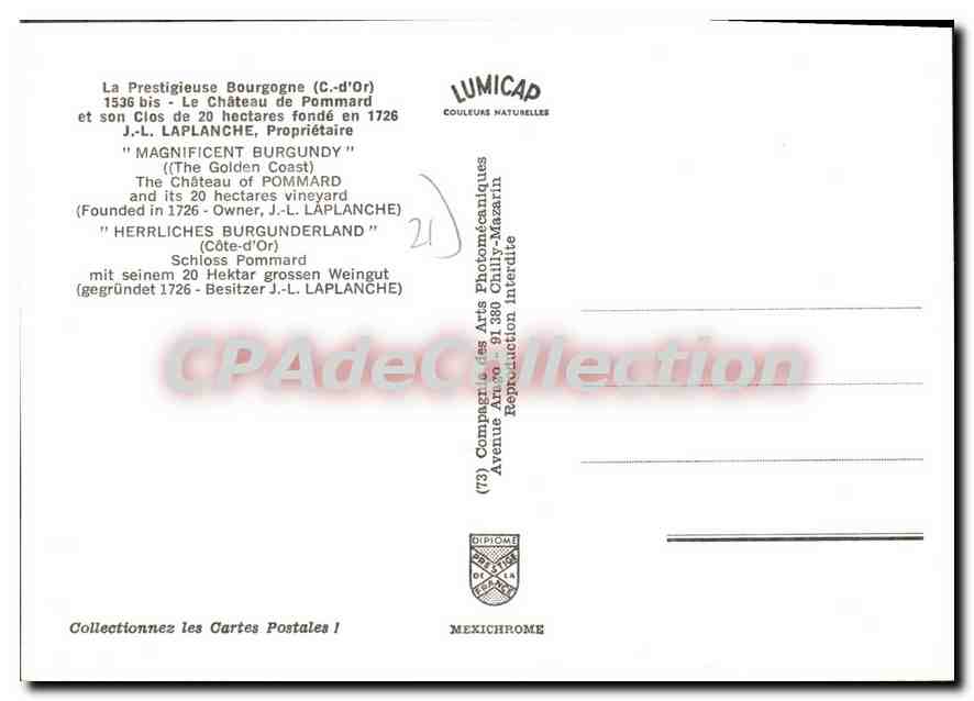 Récolte de vendanges — Château de Pommard — Éditeur IRIS — Rückseite